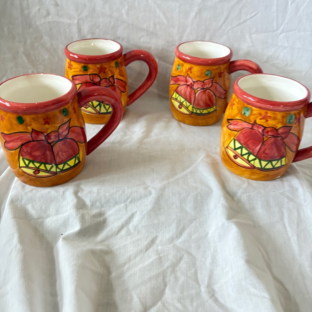 Set of 4 Vintage Christmas Mugs | Hand Painted 16oz Holiday Coffee Cups